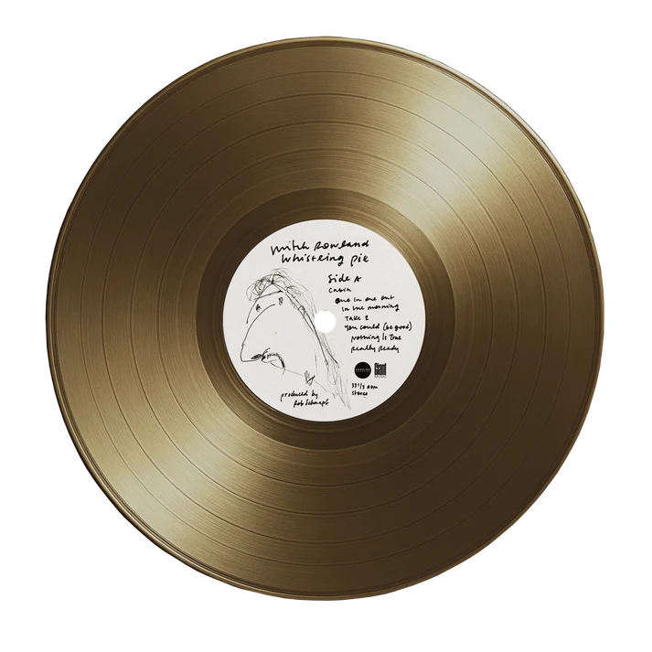 Gold vinyl record with a white label on a white background